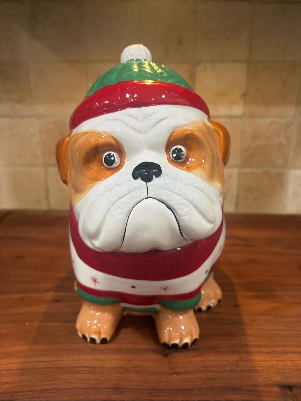 Holiday Bulldog Ceramic Cookie Jar - Red, Green, White